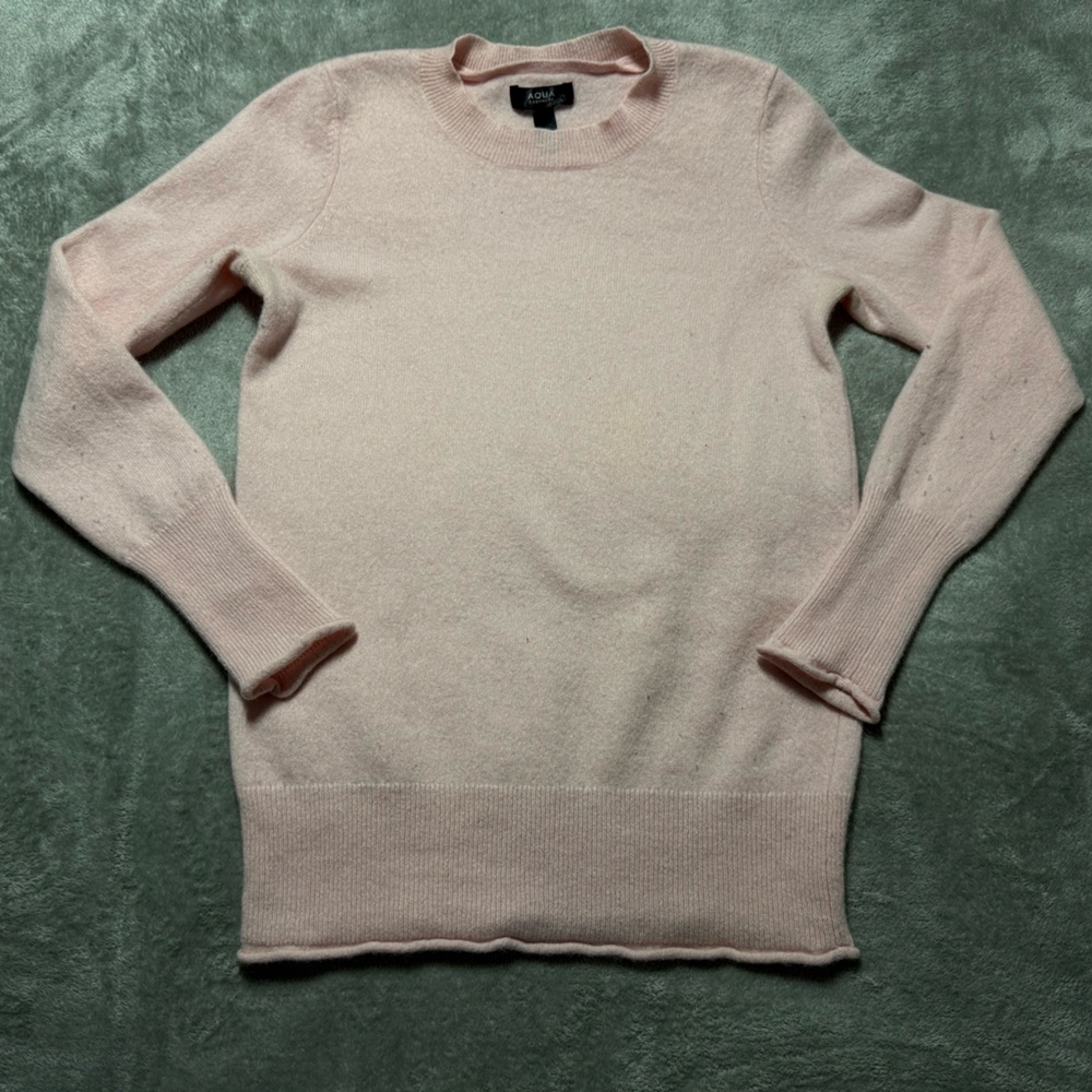 AQUA 100% Cashmere Sweater Womens L Pink Crewneck Ribbed Hem Preppy